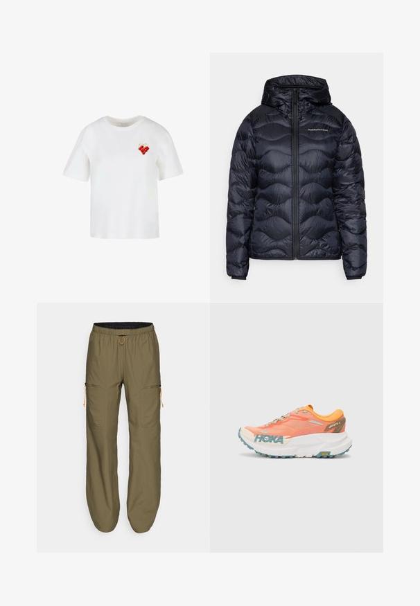 Tumesinist värvi puffer-jakk kapuutsiga, millel on tikitud lainelised mustrid, ees lukuga sulgemine ja rinnal logo detailid. Kerge ja sileda tekstuuriga.; Valge puuvillane T-särk ümmarguse kaeluse ja lühikeste varrukatega, millel on punase viinamarja illustratsioon vasakul rinnaosal.; Kergedest õlivärvi cargo püksid elastse vööga ja oranži paelaga; omaduseks on lukuga küljetaskud ja õmblustega aktsendid.; Kollane ja roosa jooksujalats, millel on silmaga pealmine osa, valge vaheosa, Vibrami välistald ja helesinised aktsendid. Küljes on HOKA brändimine.