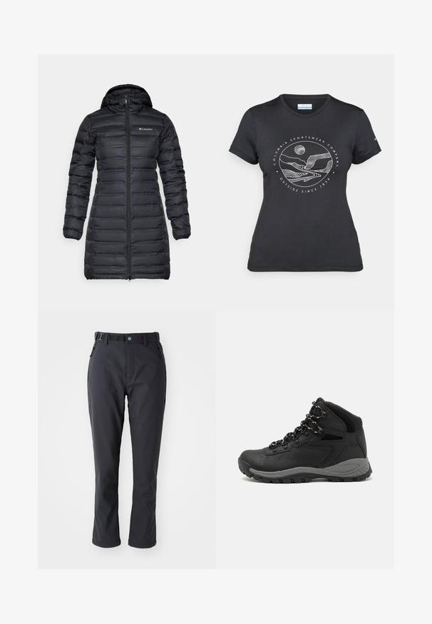 Črna izolirana puffer jakna s kapuco, dolgimi rokavi in sprednjim zadrgo. Ima kvadratne dele in logo na prsih.; Črna majica Columbia z belim krožnim risanjem gora in reke ter napisom "Columbia Sportswear Company Outside Since 1938."; Columbia LEADER CREST™ PANT  - Hlače za na prostem - black; Črne pohodniške čevlje z srednje visokim dizajnom, ki imajo teksturirano zgornji del, sivi dodatki in vzdržljiv gumen podplat s protizdrsnimi izboklinami.