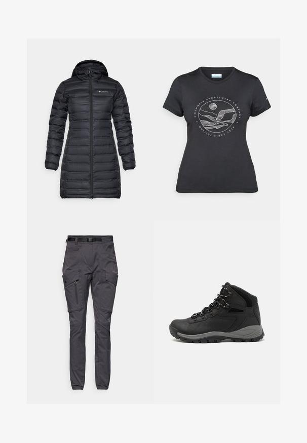 Fekete szigetelt pehelykabát kapucnival, hosszú ujjakkal és elülső cipzárral. Tűzött részekkel és mellkasi logóval rendelkezik.; Fekete Columbia póló fehér, kör alakú hegy és folyó vonalrajzzal, valamint a "Columbia Sportswear Company Outside Since 1938" felirattal.; Szürke cargo nadrág tartós anyagból, több zsebbel, cipzáras lábzsebbel és csattal ellátott övvel.; Fekete túracipő közepes magasságú kialakítással, texturált felsőrésszel, szürke részletekkel és strapabíró gumitalppal, amelynek tapadós kiemelkedései vannak.