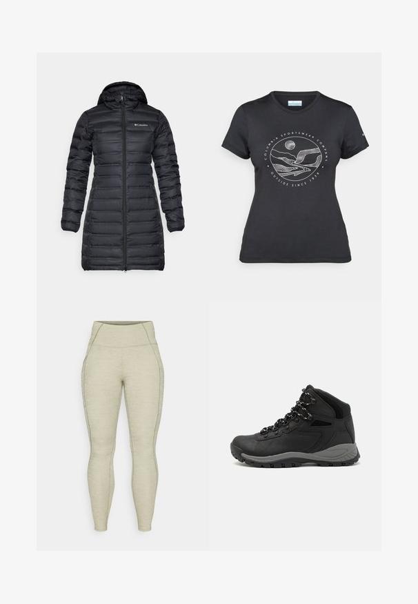 Black insulated puffer coat with a hood, long sleeves, and a front zip closure. Features quilted sections and a logo on the chest.; Black Columbia t-shirt with white circular mountain and river line art and text "Columbia Sportswear Company Outside Since 1938."; Light grey athletic leggings with a high waistband, textured material, smooth stitching, and side pocket detail. Fitted design throughout.; Black hiking boot with a mid-top design, featuring a textured upper, gray accents, and durable rubber sole with traction lugs.