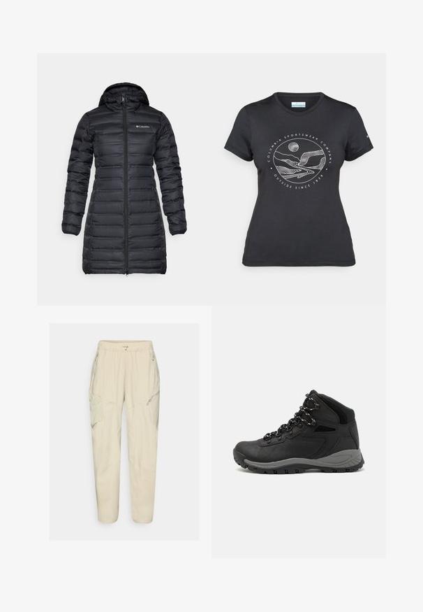 Juodas izoliacinis pūkinis paltas su kapišonu, ilgomis rankovėmis ir priekiniais užtrauktukais. Yra siuvinėti skyriai ir logotipas ant krūtinės.; Juodas "Columbia" marškinėliai su balta apskrita kalnų ir upės linijų grafika bei tekstu "Columbia Sportswear Company Lauke nuo 1938 metų."; Šviesiai smėlinės kargo kelnės su elastinga liemene, užtrauktukais užsegamomis kišenėmis ir panelių detalėmis. Pagamintos iš glotnaus, lengvo audinio.; Juodas žygio botas su vidutinio aukščio dizainu, pasižymintis tekstūruota viršutine dalimi, pilkų akcentų ir patvaria guma padanga su sukibimo gumbais.