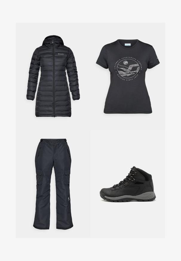 Svart isolert dunjakke med hette, lange ermer og frontlukking med glidelås. Har kviltede seksjoner og en logo på brystet.; Svart Columbia t-skjorte med hvit sirkulær fjell- og elvlinjekunst og tekst "Columbia Sportswear Company Outside Since 1938."; Sorte snøbukser med en avslappet passform, med glidelås- og cargolommer på lårene, samt en teksturert overflate for holdbarhet.; Sorte turstøvler med mid-topp design, som har en teksturert overdel, grå detaljer og slitesterk gummisåle med godt grep.