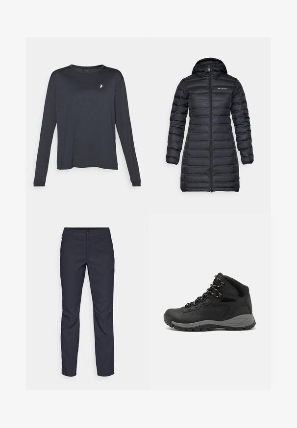 Juodas izoliacinis pūkinis paltas su kapišonu, ilgomis rankovėmis ir priekiniais užtrauktukais. Yra siuvinėti skyriai ir logotipas ant krūtinės.; Tamsus ilgomis rankovėmis marškinėliai pagaminti iš tekstūruotos medžiagos, su apvaliu iškirpimu ir mažu baltu logotipu kairėje krūtinės pusėje.; Tamsiai mėlynos kelnės, pagamintos iš lygaus audinio, su priekiniais mygtukais, lieknos silueto ir raukšlėmis ant kelių.; Juodas žygio botas su vidutinio aukščio dizainu, pasižymintis tekstūruota viršutine dalimi, pilkų akcentų ir patvaria guma padanga su sukibimo gumbais.