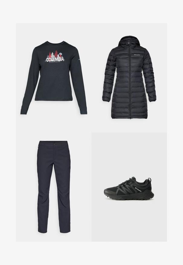 Black insulated puffer coat with a hood, long sleeves, and a front zip closure. Features quilted sections and a logo on the chest.; Long-sleeve dark gray shirt with a graphic of red trees and mountains; "COLUMBIA" logo in bold white text. Soft fabric, standard crew neck.; Navy blue pants made of smooth fabric, featuring a front button closure, slim-fit design, and creased detailing at the knees.; Columbia PEAKFREAK - Hiking shoes - black
