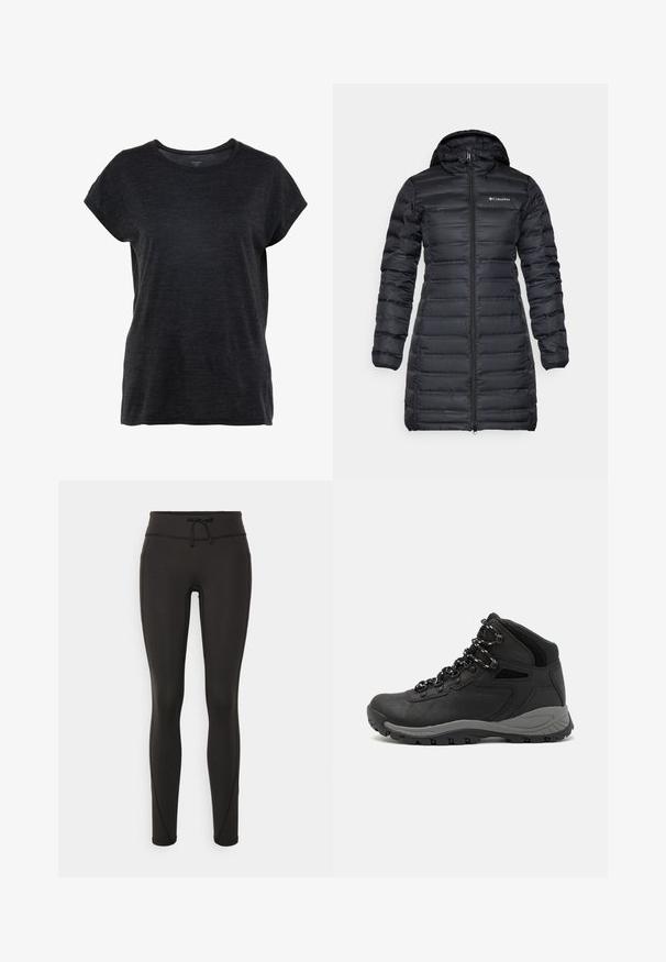 Abrigo acolchado negro aislante con capucha, mangas largas y cierre frontal con cremallera. Presenta secciones acolchadas y un logo en el pecho.; Camiseta de manga corta gris oscuro con cuello redondo y un ajuste relajado. La tela tiene un aspecto suave y texturizado.; Leggings negros con cintura alta, cordón, textura suave y diseño ajustado. Presenta detalles de costura a lo largo de los laterales.; Bota de senderismo negra con un diseño de medio caña, que cuenta con una parte superior texturizada, acentos grises y una suela de goma duradera con tacos de tracción.