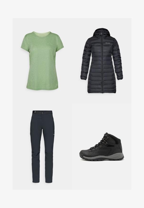 Μαύρο μπουφάν με μόνωση και κουκούλα, μακριά μανίκια και κλείσιμο με φερμουάρ μπροστά. Διαθέτει ραφές με ύφασμα καπιτονέ και λογότυπο στο στήθος.; Πράσινο κοντομάνικο μπλουζάκι φτιαγμένο από ένα μαλακό, υφή υλικό. Έχει στρογγυλή λαιμόκοψη και ένα μικρό λογότυπο στην αριστερή πλευρά του μπροστινού μέρους.; Ανδρικά παντελόνια εξωτερικών δραστηριοτήτων, σκούρο γκρι, φτιαγμένα από ευέλικτο υλικό, με ζώνη, τσέπες με φερμουάρ και ενισχυμένες ραφές.; Μαύρο ορειβατικό μποτάκι με μεσαίο ύψος, διαθέτει υφή στην επάνω επιφάνεια, γκρι λεπτομέρειες και ανθεκτική καουτσούκ σόλα με αυλάκια πρόσφυσης.