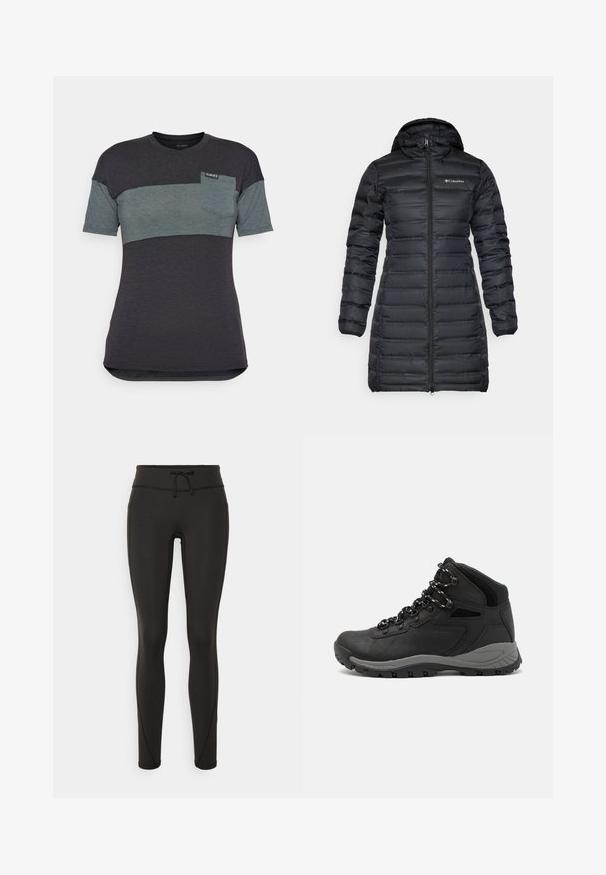 Mustat eristetyt puhvitakit, joissa on huppu, pitkät hihat ja etuvetoketju. Ominaisuuksina tikkaukset ja logo rinnassa.; Lyhythihainen t-paita tummanharmaana ja turkoosina vaakasuoralla värilohkolla, jossa on rintatasku ja merkki kaula-aukon kohdalla.; Mustat legginsit, joissa on korkea vyötärö, nauhakuja, sileä pinta ja istuva muotoilu. Sivussa on ompeluyksityiskohtia.; Musta vaelluskenkä, jossa on puolivartinen muotoilu, jolle on ominaista teksturoitu päällinen, harmaat yksityiskohdat ja kestävä kumipohja, jossa on pitoita lisääviä lukuja.