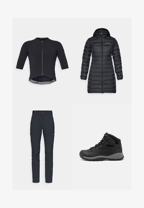 Abrigo acolchado negro aislante con capucha, mangas largas y cierre frontal con cremallera. Presenta secciones acolchadas y un logo en el pecho.; Jersey de ciclismo negro con mangas 3/4, cremallera frontal, textura acanalada y dobladillo curvado. Presenta el logotipo de POC en la cintura interior.; Pantalones de exterior para hombre, gris oscuro, fabricados con material flexible, con cinturón, bolsillos con cremallera y costuras reforzadas.; Bota de senderismo negra con un diseño de medio caña, que cuenta con una parte superior texturizada, acentos grises y una suela de goma duradera con tacos de tracción.