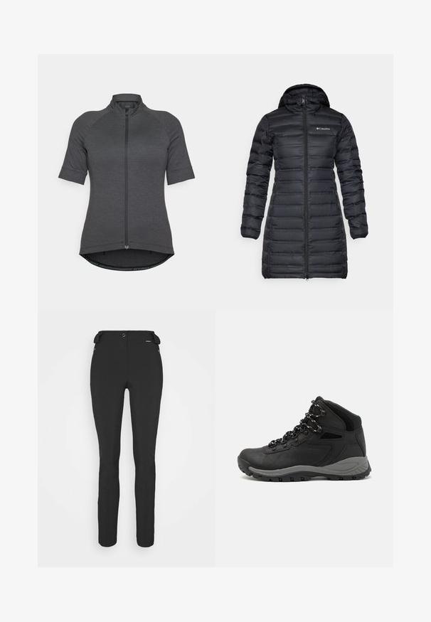 Manteau d'hiver isolé noir avec une capuche, des manches longues et une fermeture éclair à l'avant. Caractéristiques sectionnées matelassées et un logo sur la poitrine.; Maillot de cyclisme à manches courtes en gris foncé, doté d'une fermeture éclair intégrale, de manches raglan et d'un ourlet courbé en tissu texturé.; Pantalons noirs ajustés en matériau flexible. Les caractéristiques comprennent une poche latérale zippée, des genoux articulés et une texture lisse.; Botte de randonnée noire au design mi-haut, avec un dessus texturé, des accents gris et une semelle en caoutchouc durable avec des crampons de traction.