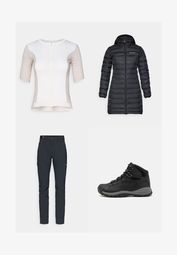 Schwarze isolierte Daunenjacke mit Kapuze, langen Ärmeln und einem Frontreißverschluss. Mit gesteppten Abschnitten und einem Logo auf der Brust.; Kurzarm-Radtrikot in Weiß und Hellbeige, ausgestattet mit einem Reißverschluss auf der Vorderseite, einer glatten Textur und einem Logodetail auf der Brust.; Herren Outdoor-Hosen, dunkelgrau, aus flexiblem Material, mit einem Gürtel, Reißverschlusstaschen und verstärkten Nähten.; Schwarzer Wanderstiefel mit einem mittelhohen Design, ausgestattet mit einer strukturierten Oberfläche, grauen Akzenten und einer robusten Gummisohle mit Profilstollen.