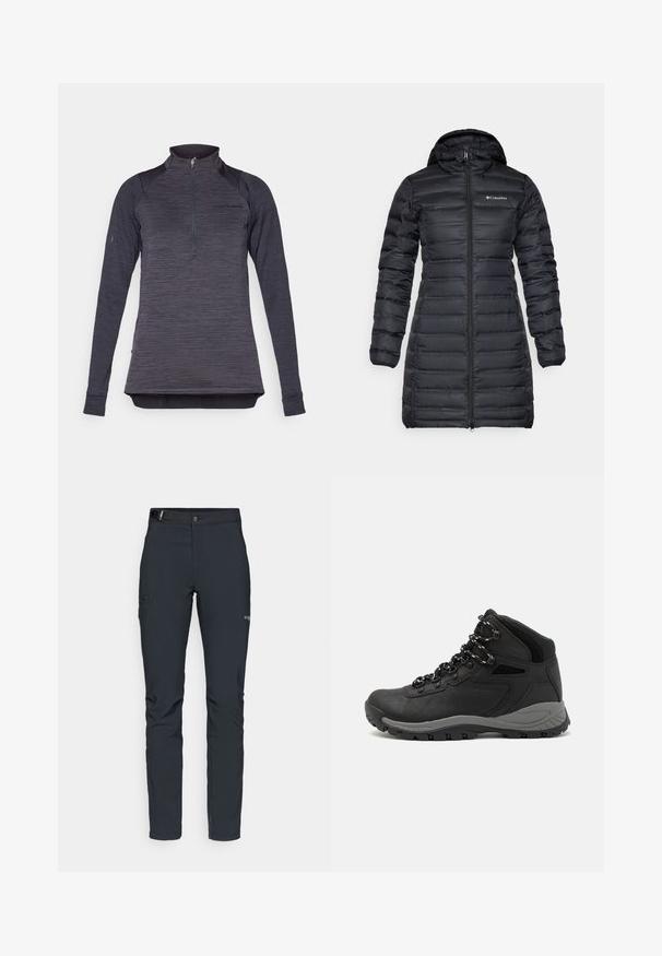 Mustnä isolatsiooniga puffermantel kapuutsiga, pikad varrukad ja esine lukuga kinnitamine. Omab tikanditega sektsioone ja logo rinnal.; Tumed hallidega pullover pika varrukaga, millel on neljandiku lukuga kaelus ja sobivad varrukad. Rinna piirkonnas on peen brändi/logo.; Meeste välkpüksid, tumehallid, valmistatud paindlikest materjalidest, vöökohaga, tõmblukuga taskud ja tugevdatud õmblused.; Mustarjaline matkasaabas, millel on keskmine disain, tekstuuriga ülemine osa, hallid aktsendid ja vastupidav kummist põhi, millel on haardelugesid.