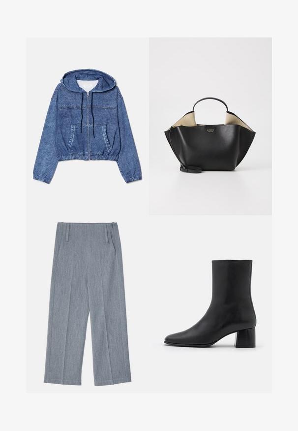 By Malene Birger RAFAIA - Téli kabát - brown; Rövidített farmerdzseki, kék, kapucnival, elől cipzárral és húzózsinórral. Két oldalzsebbel és rugalmas mandzsettákkal a ujjaknál.; Fekete, hosszú ujjú felső, puha szövetből készült, kerek nyakkivágással és laza szabással, az alján oldalhasítékokkal a mozgás könnyítése érdekében.; Világosszürke, bőszárú nadrág, texturált anyagból készült, két elülső redővel és két oldalsó zsebbel. Letisztult, igényes dizájn.; Fekete bőr bokacsizma hegyes orral és vastag, négyzet alakú sarokkal. Simább felület, mondanivaló nélküli dizájn és minimalista varrás.; Ree Projects ANN TOTE MINI - Kézitáska - black