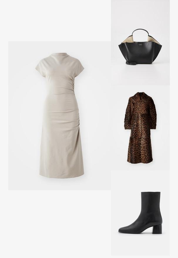 By Malene Birger RAFAIA - Manteau d'hiver - brown; Robe midi beige en tissu doux, avec un col haut, des manches courtes et des détails de fronces sur les côtés, créant une silhouette ajustée.; Bottine en cuir noir avec un bout pointu et un talon carré épais. Texture lisse avec un design sans coutures et descoutures minimalistes.; Ree Projects ANN TOTE MINI - Sac à main - black
