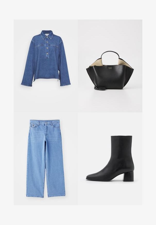 By Malene Birger RAFAIA - Talvitakki - brown; Tummansinisestä denims paidasta, jossa on pitkät hihat, kauluspää ja viiden napin napitus. Paidassa on hienovarainen haalistunut rakenne ja jakautunut sivusauma.; Mustat pitkät hiharatoppi, joka on valmistettu pehmeästä kankaasta. Topissa on pyöreä pääntie ja rento istuvuus, jossa on sivuhalkiot helman kohdalla liikkumisen helpottamiseksi.; Vaaleansinisiä leveälahkeisia farkkuja, joissa on klassinen viisipaikkainen muotoilu ja nappikiinnitys. Liukas pinta, kuluneet lahkeensuukohdat.; Mustat nahkasaappaat nilkkakorkeudella, joissa on terävä kärki ja tukeva neliön muotoinen korko. Sileä pinta, saumaton muotoilu ja minimalistinen ommel.; Ree Projects ANN TOTE MINI - Käsilaukku - black