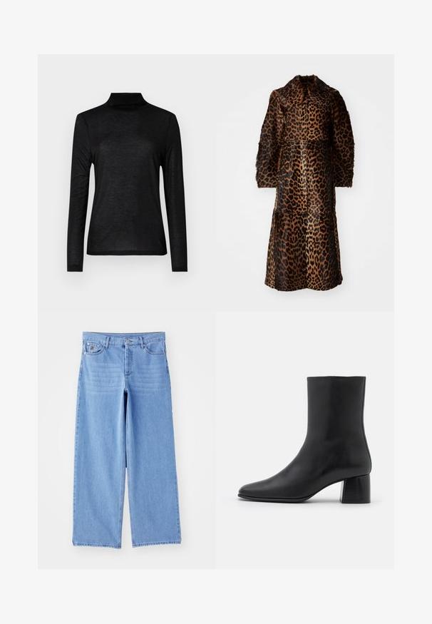 By Malene Birger RAFAIA - Manteau d'hiver - brown; Haut turtleneck noir à manches longues en tissu lisse et léger. Présente un design ajusté avec un col haut et sans motifs.; Jean large bleu clair en denim, avec un design classique à cinq poches et une fermeture à bouton. Texture lisse, ourlet effiloché.; Bottine en cuir noir avec un bout pointu et un talon carré épais. Texture lisse avec un design sans coutures et descoutures minimalistes.