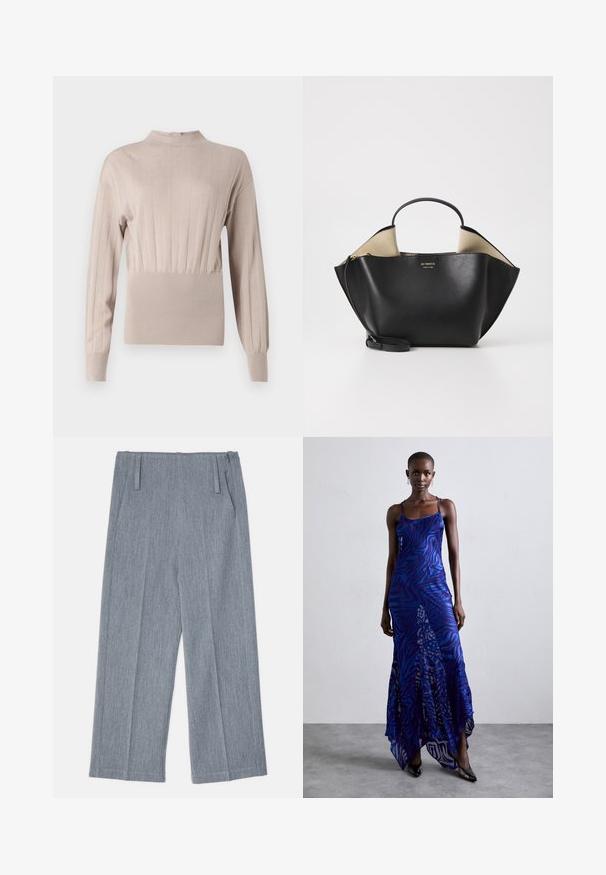 By Malene Birger RAFAIA - Zimski plašč - brown; Bež majica z ribastim pletenjem, visoko ovratnikom, dolgimi rokavi in nabranim pasom. Gladka tekstura z navpičnimi črtami in oprijetim silhuetom.; Svetlo sivi, široki hlače iz teksturirane tkanine, ki imajo dve sprednji gubi in že dva stranska žepa. Čist, prilagojen dizajn.; Maxi obleka z živalskim vzorcem v modri in vijolični barvi, s tankimi naramnicami, oprijetim pasom, razširjenim robom in prosojnimi detajli.; Ree Projects ANN TOTE MINI - Torbica - black