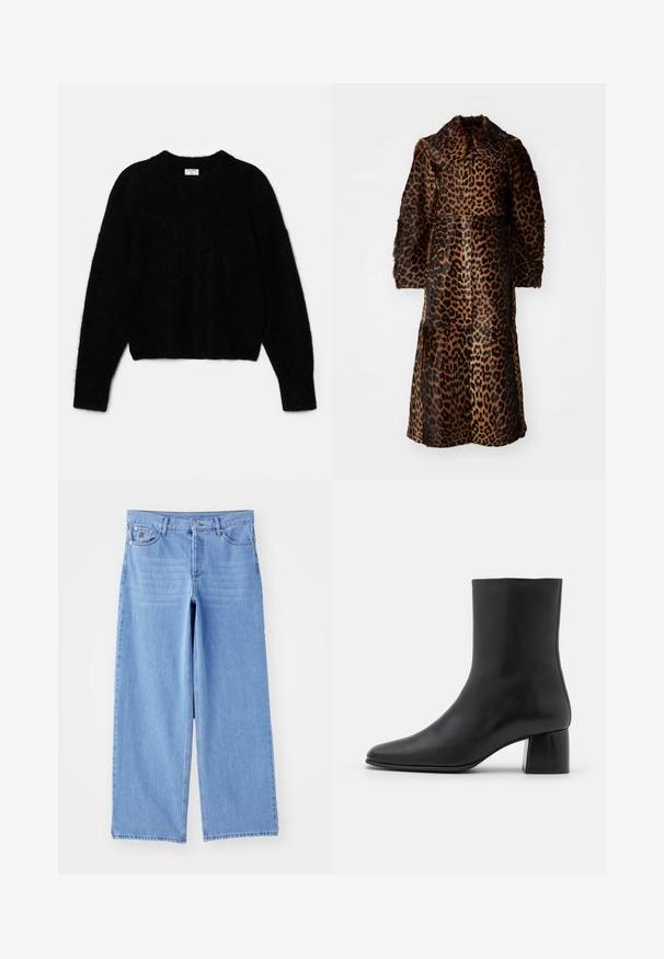 By Malene Birger RAFAIA - Wintermantel - brown; Schwarzer, kurzer Pullover aus plüschigem Material. Mit einem runden Ausschnitt und langen Ärmeln mit einer weichen Textur. Minimalistisches Design, keine Muster.; Hellblaue weit geschnittene Jeans aus Denim, mit einem klassischen Fünf-Taschen-Design und einem Knopfverschluss. Glatte Textur, ausgefranster Saum.; Schwarze Leder-Ankle-Boots mit spitzer Zehenpartie und einem klobigen, quadratischen Absatz. Glatte Textur mit nahtlosem Design und minimalistischem Nähen.