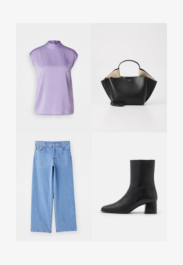 By Malene Birger RAFAIA - Cappotto invernale - brown; BOSS BIDRIZ - Camicetta - medium purple; Jeans a gamba larga di colore blu chiaro in denim, con un classico design a cinque tasche e chiusura con bottoni. Texture liscia, orlo sfilacciato.; Stivali ankle in pelle nera con punta affusolata e tacco quadrato grosso. Texture liscia con un design senza cuciture e cuciture minimaliste.; Ree Projects ANN TOTE MINI - Borsa a mano - black