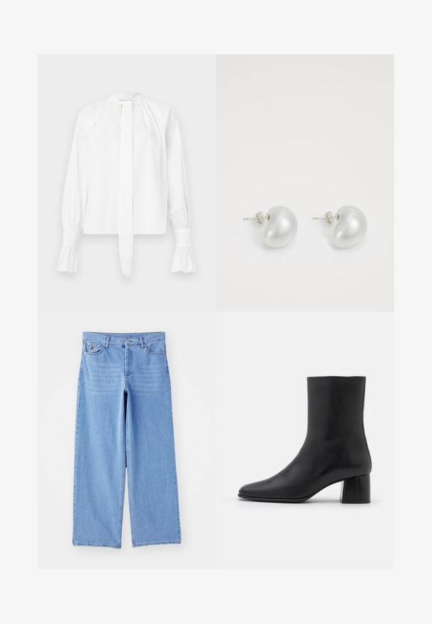 By Malene Birger RAFAIA brązowy; Biała bluzka z długim rękawem z bawełny z mandarynkowym kołnierzykiem, detalem w postaci kokardy i marszczonymi mankietami. Gładka tekstura i minimalistyczny design.; Czarny, długi rękaw top wykonany z miękkiego materiału, z okrągłym dekoltem i luźnym krojem z bocznymi rozcięciami u dołu, zapewniającymi swobodę ruchów.; Jasnoniebieskie dżinsy o szerokich nogawkach, wykonane z denimu, z klasycznym pięciopocketowym wzorem i zapięciem na guzik. Gładka tekstura, postrzępiony dół.; Czarne skórzane botki za kostkę z ostrym noskiem i masywnym kwadratowym obcasem. Gładka faktura z bezszwowym designem i minimalnym przeszyciem.; Srebrne kolczyki perłowe w zakrzywionym, fasolowym kształcie. Gładka, błyszcząca powierzchnia, z zamknięciem na stalowy szpikulec i zatyczkę.