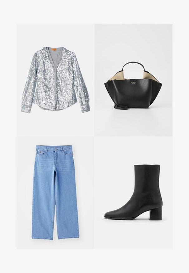 By Malene Birger RAFAIA brązowy; Srebrna kurtka z cekinami, z długimi rękawami, zapięciem na guziki i kołnierzem. Miękka podszewka i elastyczne mankiety o gładkiej fakturze.; Czarny, długi rękaw top wykonany z miękkiego materiału, z okrągłym dekoltem i luźnym krojem z bocznymi rozcięciami u dołu, zapewniającymi swobodę ruchów.; Jasnoniebieskie dżinsy o szerokich nogawkach, wykonane z denimu, z klasycznym pięciopocketowym wzorem i zapięciem na guzik. Gładka tekstura, postrzępiony dół.; Czarne skórzane botki za kostkę z ostrym noskiem i masywnym kwadratowym obcasem. Gładka faktura z bezszwowym designem i minimalnym przeszyciem.; Ree Projects - Torebka