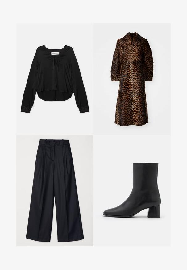 By Malene Birger RAFAIA - Manteau d'hiver - brown; Haut noir à manches longues en tissu lisse avec un décolleté en scoop, agrémenté d'un nœud décoratif, une coupe décontractée et un ourlet arrondi.; Pantalons noirs à jambes larges en tissu lisse, dotés d'une taille haute, de plis et d'une coupe ajustée. Quincaillerie noire simple à la taille.; Bottine en cuir noir avec un bout pointu et un talon carré épais. Texture lisse avec un design sans coutures et descoutures minimalistes.