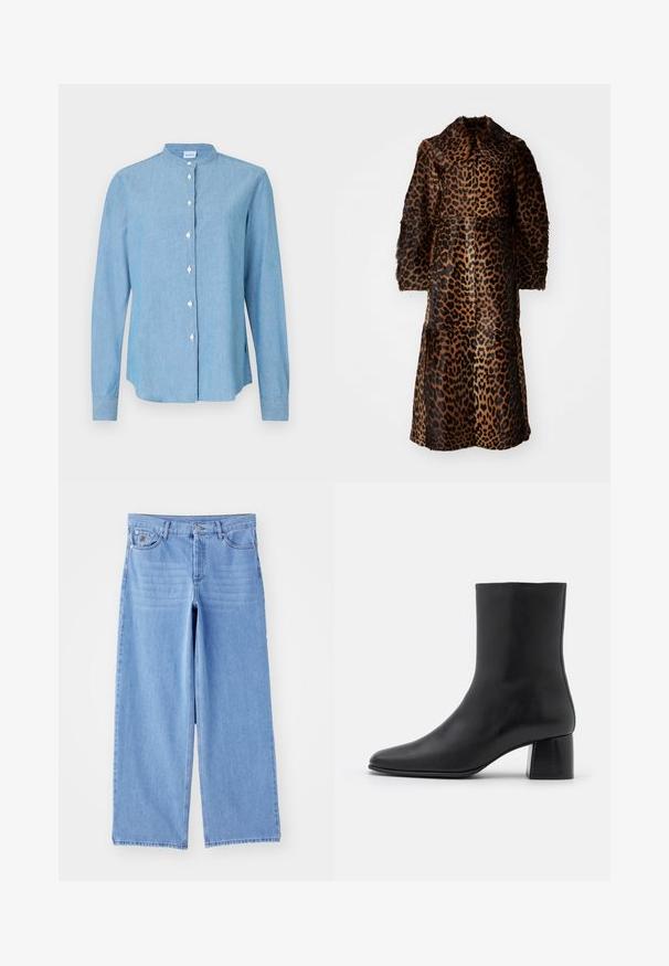 By Malene Birger RAFAIA - Talvemantel - brown; Hele sinine nööpidega särk, mis on valmistatud denimist. Omab ümmargust kraed, pikkade varrukatega ja eest pärlmutrist nööpe.; Must mustärg pikkade varrukatega topp, mis on valmistatud pehmest kangast. Topil on ümar kaelus ja lõdvem lõige, mille ääres on külgedel lõiked, et liikuda mugavalt.; Heledad sinine laiad teksapüksid, valmistatud denimist, klassikalise viie tasku kujundusega ja nupplukuga. Sile tekstuur, hõrenenud serv.; Must musta ankle boot terava nina ja turske ruudukujulise kontsaga. Sile tekstuur, sujuv disain ja minimaalne õmblus.