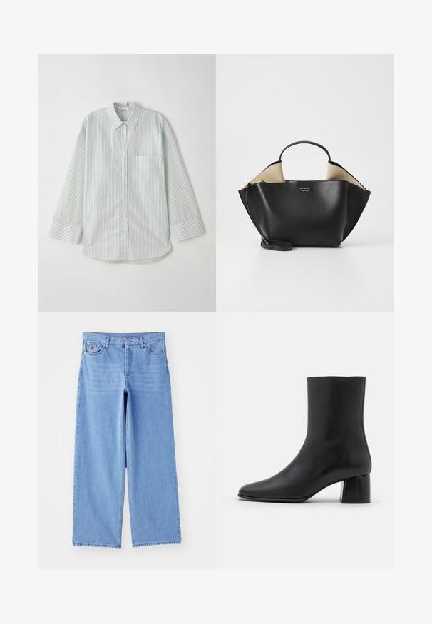 By Malene Birger RAFAIA - Winter coat - brown; Light green striped long-sleeve button-up shirt with a collar, featuring a single chest pocket and a curved hemline.; Light blue wide-leg jeans made of denim, featuring a classic five-pocket design and a button-fly closure. Smooth texture, frayed hem.; Black leather ankle boot with a pointed toe and a chunky square heel. Smooth texture with a seamless design and minimalistic stitching.; Ree Projects ANN TOTE MINI - Handbag - black