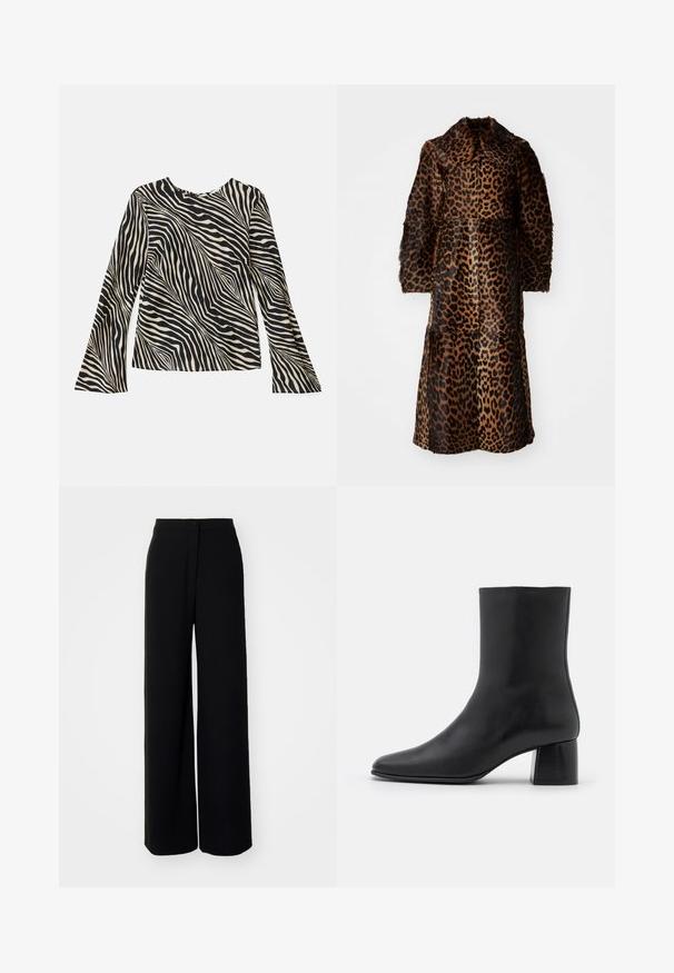 By Malene Birger RAFAIA - Abrigo de invierno - brown; Top de manga larga con un patrón de rayas de cebra en crema y negro, escote redondo, tejido suave y mangas acampanadas.; Pantalones anchos negros de cintura alta, con tejido suave, cierre frontal con botón y sin bolsillos visibles, presentando un ajuste entallado.; Botín negro de cuero hasta el tobillo con punta afilada y un tacón cuadrado y grueso. Textura suave con un diseño sin costuras y un estilo minimalista en las costuras.