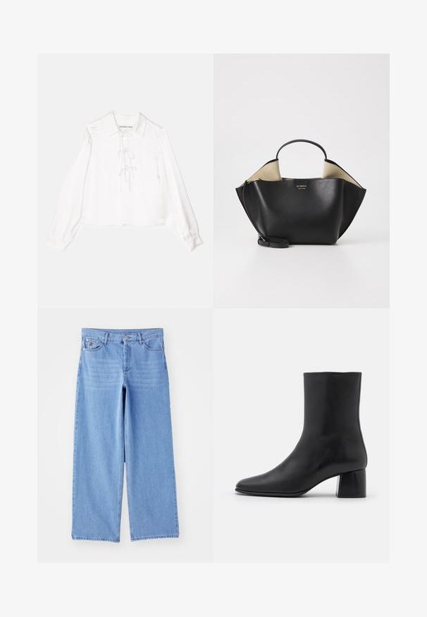 By Malene Birger RAFAIA - Wintermantel - brown; Witte blouse met lange mouwen en een kraaglijn, voorzien van een centrale vetersluiting, gemaakt van soepel stof. De manchet is elastisch.; Lichtblauwe wijde jeans van denim, met een klassieke vijf-pocketontwerp en een knoopsluiting. Soepele textuur, rafelige zoom.; Zwarte leren enkelboot met een spitse neus en een chunky vierkante hak. Glad oppervlak met een naadloos ontwerp en minimalistische stiksels.; Ree Projects ANN TOTE MINI - Handtas - black