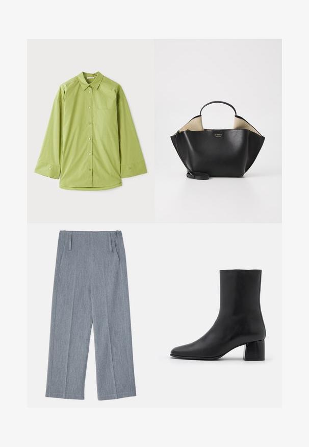 By Malene Birger RAFAIA - Wintermantel - brown; Lichtgroen overhemd met lange mouwen, een klassieke kraag, een borstzak en een gladde, gestructureerde stof.; Zwarte lange mouw top van zachte stof, met een ronde halslijn en een ontspannen pasvorm met zijsplitten aan de onderkant voor gemak in beweging.; Lichtgrijze, wijde broek van textuurstof, voorzien van twee voorplooien en twee zijzakken. Strak, op maat gemaakt ontwerp.; Zwarte leren enkelboot met een spitse neus en een chunky vierkante hak. Glad oppervlak met een naadloos ontwerp en minimalistische stiksels.; Ree Projects ANN TOTE MINI - Handtas - black