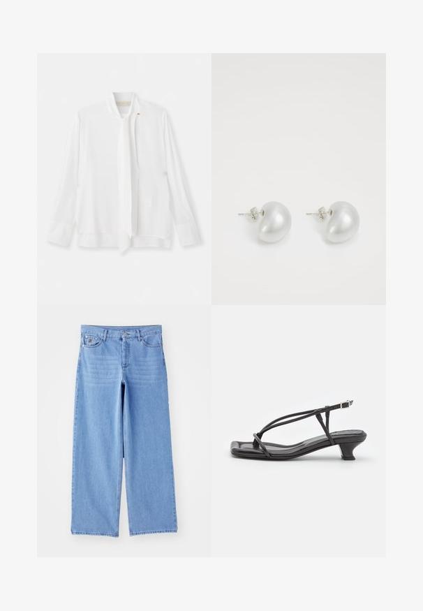 By Malene Birger RAFAIA - Manteau d'hiver - brown; Vanessa Bruno ESTEBAN - Blouse - ecru; Jean large bleu clair en denim, avec un design classique à cinq poches et une fermeture à bouton. Texture lisse, ourlet effiloché.; Sandal en cuir noir avec des fines lanières, un petit talon carré et un bout carré. Dispose d'une fermeture à boucle et d'une texture lisse.; Boucles d'oreilles en perles argentées avec une forme incurvée en haricot. Surface lisse et brillante, maintenues par une fermeture à tige et à dos.