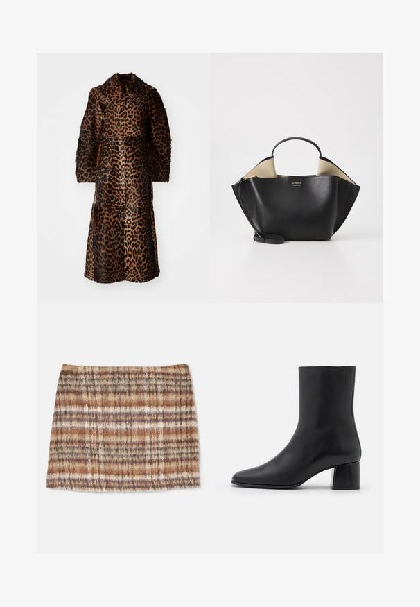 By Malene Birger RAFAIA - Vinterkappa /-rock - brown; Svart långärmad topp i mjukt tyg, med rund halsringning och avslappnad passform samt sidoventiler vid nederkant för ökad rörlighet.; Randig ullkjol i jordnära toner av brunt och beige med en mjuk textur. Designen inkluderar horisontella och vertikala ränder.; Svart läderankelstövel med spetsig tå och chunkig fyrkantig klack. Slät textur med sömlös design och minimalistisk sömnad.; Ree Projects ANN TOTE MINI - Handväska - black