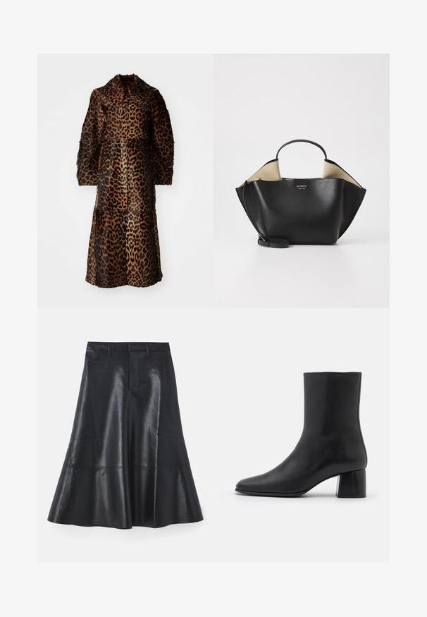 By Malene Birger RAFAIA - Ziemas mētelis - brown; Melnas ilgas piedurknes krekls, kas izgatavots no mīksta auduma, ar apaļu kakla izgriezumu un brīvu piegriezumu, ar sānu šķēlumiem apakšmalā, lai nodrošinātu ērtu kustību.; Melnas ādas svārki ar izpletu dizainu, vidēja garuma, ar gludu tekstūru un diskrētām šuvēm gar apakšmalu.; Melnas ādas potīšu zābaki ar norādītu pirkstu un masīvu kvadrātveida papēdi. Gluda tekstūra ar bezšuvju dizainu un minimālistisku šuvēm.; Ree Projects ANN TOTE MINI - Rokassoma - black