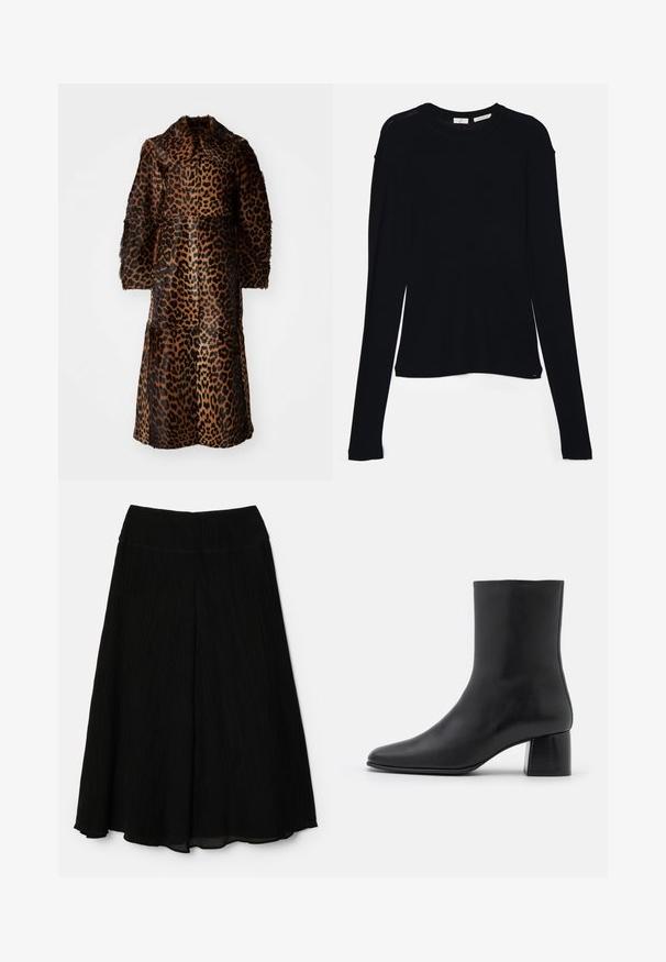 By Malene Birger RAFAIA - Zimný kabát - brown; Čierny dlhý rukáv top vyrobený z mäkkej tkaniny, s okrúhlym výstrihom a voľným strihom s bočnými rozparokmi na leme pre pohodlný pohyb.; Čierna midi sukňa s plisovaným dizajnom. Mäkka, ľahká tkanina; široký pás. Spodný okraj sukne sa nachádza pod kolenami s voľnou siluetou.; Čierna kožená členková čižma s špicatou špičkou a masívnym štvorcovým podpätkom. Hladká textura s bezšvovým dizajnom a minimalistickým prešívaním.