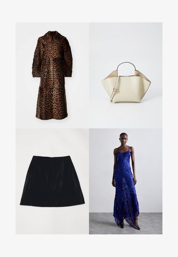 By Malene Birger RAFAIA - Wintermantel - brown; Schwarzes Langarmoberteil aus weichem Stoff, mit rundem Ausschnitt und lässiger Passform, seitlichen Schlitzen am Saum für mehr Bewegungsfreiheit.; Schwarzer A-Linien-Rock aus Samt, mit einer glatten Textur und einem dezenten Reißverschluss hinten. Schlichtes Design ohne sichtbare Muster oder Akzente.; Maxikleid im blauen und lila Tiermuster mit dünnen Trägern, einem taillierten Oberteil, ausgestelltem Saum und transparenten Überlagerungen.; Ree Projects ANN - Handtasche - beige; Silberne Perlenohrringe in geschwungener Bohnenform. Glatte, glänzende Oberfläche und mit einem Stecker- und Rückverschluss gesichert.