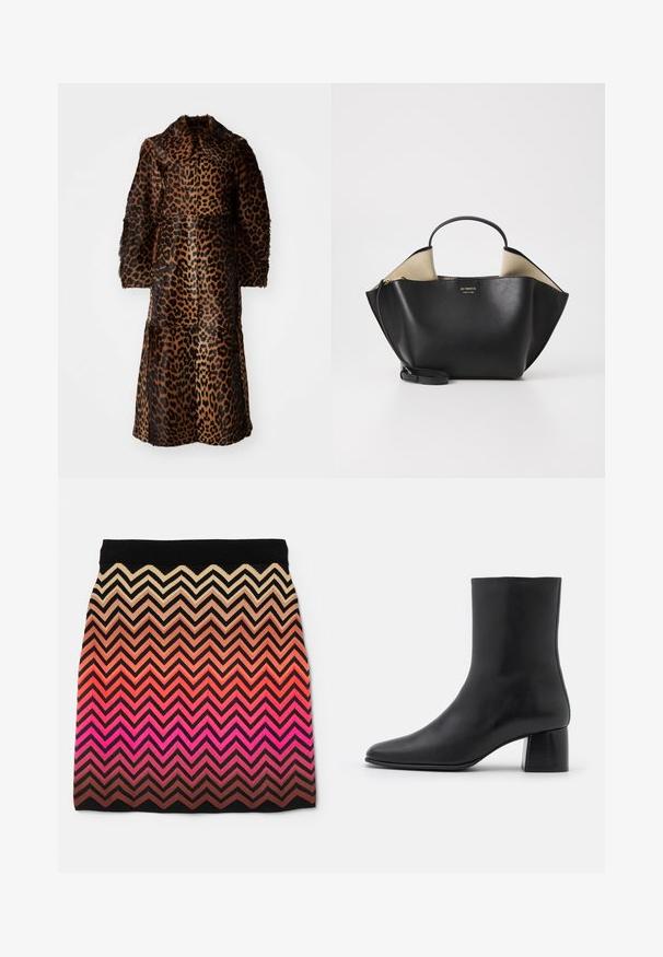 By Malene Birger RAFAIA - Wintermantel - brown; Zwarte lange mouw top van zachte stof, met een ronde halslijn en een ontspannen pasvorm met zijsplitten aan de onderkant voor gemak in beweging.; Gebreide rok met een zigzagpatroon in gradientkleuren van beige naar roze, met een zwarte tailleband en textuurstof.; Zwarte leren enkelboot met een spitse neus en een chunky vierkante hak. Glad oppervlak met een naadloos ontwerp en minimalistische stiksels.; Ree Projects ANN TOTE MINI - Handtas - black