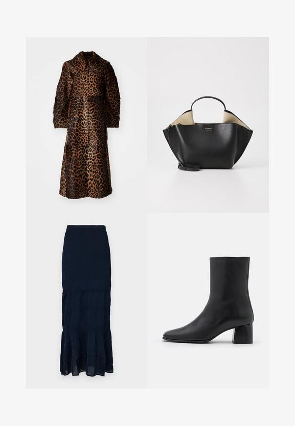 By Malene Birger RAFAIA - Zimní kabát - brown; Černý dlouhý rukáv top vyrobený z měkkého materiálu, s kulatým výstřihem a volným střihem, se bočními rozparky na olemování pro snadný pohyb.; Tmavě modrá midi sukně s nařaseným pasem, vícevrstvým volánovým lemem a texturovanou látkou. Elastický pas pro nastavitelnou velikost.; Černé kožené kotníkové boty s špičatou špičkou a robustním čtvercovým podpatek. Hladká textura s bezšvovým designem a minimalistickým prošíváním.; Ree Projects ANN TOTE MINI - Kabelka - black; Stříbrné perlové naušnice v zakřiveném tvaru fazole. Hladký, lesklý povrch a zajištěné pomocí kolíčku a zajišťovacího uzávěru.