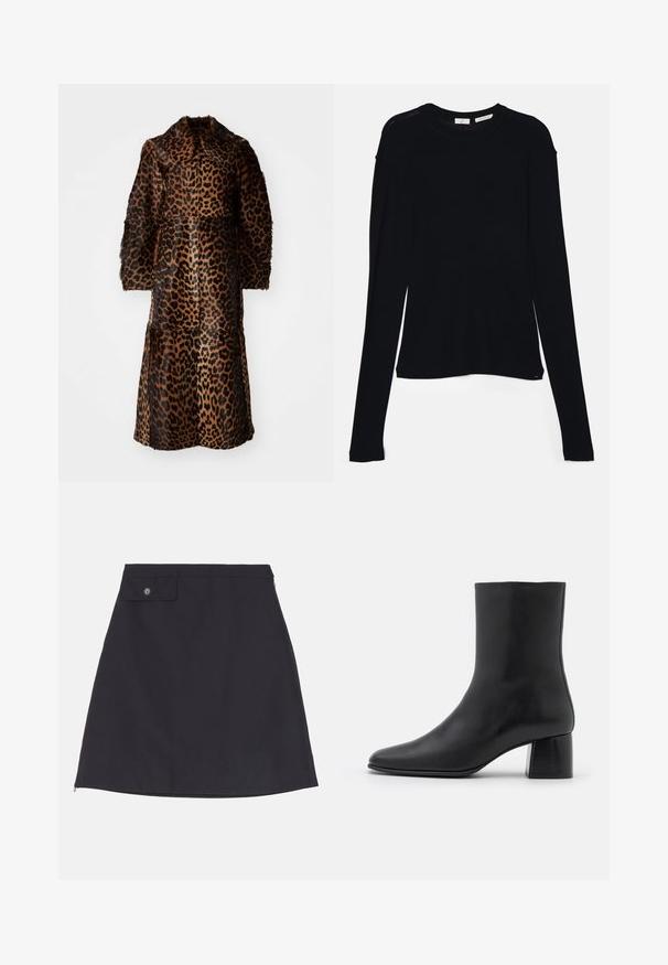 By Malene Birger RAFAIA - Zimný kabát - brown; Čierny dlhý rukáv top vyrobený z mäkkej tkaniny, s okrúhlym výstrihom a voľným strihom s bočnými rozparokmi na leme pre pohodlný pohyb.; Čierna bavlnená sukňa so zavedeným siluetou, s vreckom na gombík, bočným zipsom a hladkou textúrou látky.; Čierna kožená členková čižma s špicatou špičkou a masívnym štvorcovým podpätkom. Hladká textura s bezšvovým dizajnom a minimalistickým prešívaním.