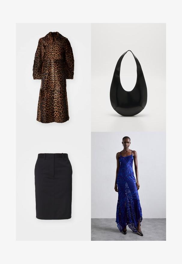 By Malene Birger RAFAIA - Talvitakki - brown; Mustat pitkät hiharatoppi, joka on valmistettu pehmeästä kankaasta. Topissa on pyöreä pääntie ja rento istuvuus, jossa on sivuhalkiot helman kohdalla liikkumisen helpottamiseksi.; Mustapukuinen kynähame, jossa on tiukka muotoilu, valmistettu sileästä kankaasta. Hankkeessa on vyötärönauha ja takana halkio liikkumisvapauden takaamiseksi.; Sininen ja violetti eläinkuosinen maksimekko ohuiden hihnojen kanssa, istuva yläosa, levenevä helma ja läpikuultava yksityiskohtainen päällyste.; AESTHER EKME OPAL BAG - Käsilaukku - black; Hopeakiharat korvakorut, joissa on kaareva, pavun muotoinen muoto. Pehmeä, kiiltävä pinta, ja kiinnitysvarusteena on nuppi ja tausta.