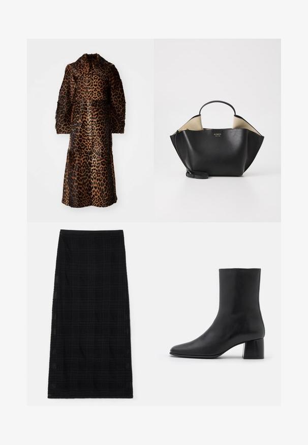 By Malene Birger RAFAIA - Talvitakki - brown; Mustat pitkät hiharatoppi, joka on valmistettu pehmeästä kankaasta. Topissa on pyöreä pääntie ja rento istuvuus, jossa on sivuhalkiot helman kohdalla liikkumisen helpottamiseksi.; Musta polvipituinen hame, jossa on hienovarainen ruutukuviointi, säädettävä vyötärö ja suora siluetti. Valmistettu kevyestä kankaasta.; Mustat nahkasaappaat nilkkakorkeudella, joissa on terävä kärki ja tukeva neliön muotoinen korko. Sileä pinta, saumaton muotoilu ja minimalistinen ommel.; Ree Projects ANN TOTE MINI - Käsilaukku - black