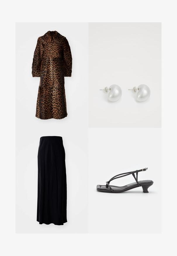 By Malene Birger RAFAIA - Abrigo de invierno - brown; Camiseta negra de manga larga hecha de tela suave, con un escote redondo y un corte relajado, con aberturas en los laterales del dobladillo para facilitar el movimiento.; Falda maxi negra hecha de una tela suave; presenta una silueta recta, textura lisa y un dobladillo ligeramente acampanado.; Sandal de cuero negro con tiras finas, tacón bajo cuadrado y punta cuadrada. Presenta un cierre de hebilla y una textura suave.; Pendientes de perla plateada con forma curva de frijol. Superficie lisa y brillante, asegurados con un cierre de bayoneta.