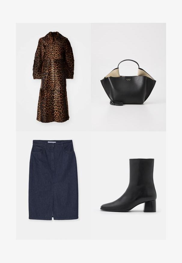 By Malene Birger RAFAIA - Χειμωνιάτικο παλτό - brown; Μαύρη μακρυμάνικη μπλούζα φτιαγμένη από μαλακό ύφασμα, με στρογγυλή λαιμόκοψη και άνετη εφαρμογή, διαθέτοντας πλευρικά σκισίματα στο στρίφωμα για ευκολία κινήσεων.; Σκούρα τζίν φούστα μολύβι με μπροστινό σκίσιμο, δύο πλαϊνές τσέπες και κανονική μέση. Καθαρές ραφές και κλασική γραμμή χωρίς διακοσμητικά στοιχεία.; Μαύρη δερμάτινη μπότα στον αστράγαλο με μυτερή μύτη και χοντρό τετράγωνο τακούνι. Λείος υφή με άψογη σχεδίαση και ελάχιστη ραφή.; Ree Projects ANN TOTE MINI - Τσάντα χειρός - black