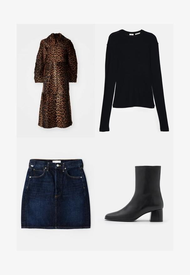 By Malene Birger RAFAIA - Talvitakki - brown; Mustat pitkät hiharatoppi, joka on valmistettu pehmeästä kankaasta. Topissa on pyöreä pääntie ja rento istuvuus, jossa on sivuhalkiot helman kohdalla liikkumisen helpottamiseksi.; Tummansininen farkuhame, jossa on viisi taskua, kultaiset tikkausviivat ja klassinen istuvuus. Hameessa on napitus ja vyölenkit.; Mustat nahkasaappaat nilkkakorkeudella, joissa on terävä kärki ja tukeva neliön muotoinen korko. Sileä pinta, saumaton muotoilu ja minimalistinen ommel.