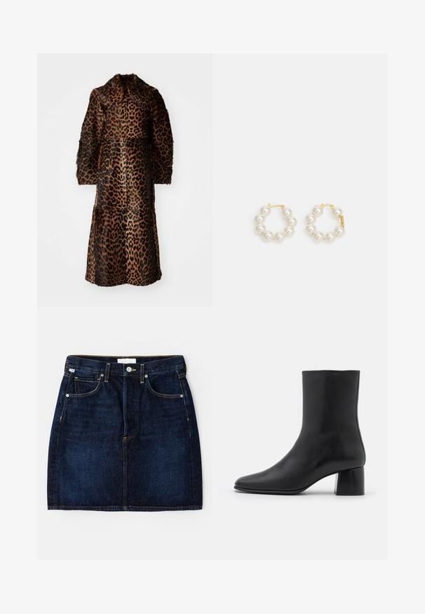 By Malene Birger RAFAIA - Wintermantel - brown; Zwarte lange mouw top van zachte stof, met een ronde halslijn en een ontspannen pasvorm met zijsplitten aan de onderkant voor gemak in beweging.; Donkerblauwe denimrok met een ontwerp van vijf zakken, gouden stiksel en een klassieke pasvorm. Voorzien van een knoopsluiting en riemlussen.; Zwarte leren enkelboot met een spitse neus en een chunky vierkante hak. Glad oppervlak met een naadloos ontwerp en minimalistische stiksels.; Pareloorbellen met een goudkleurige metalen sluiting. Het ontwerp bevat verschillende gladde, witte parels in een cirkelvorm.