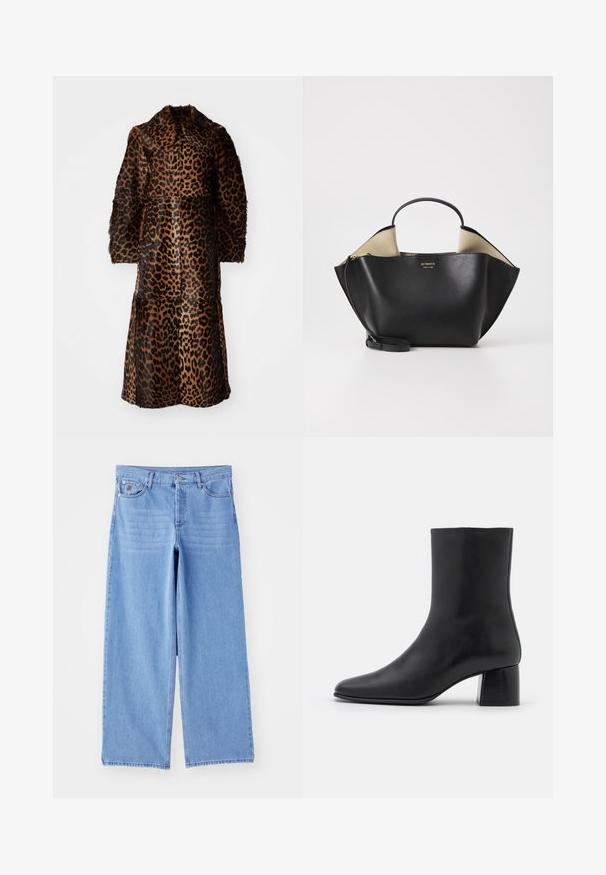 By Malene Birger RAFAIA - Winter coat - brown; Black long-sleeve top made of soft fabric, featuring a round neckline and a relaxed fit with side slits at the hem for ease of movement.; Light blue wide-leg jeans made of denim, featuring a classic five-pocket design and a button-fly closure. Smooth texture, frayed hem.; Black leather ankle boot with a pointed toe and a chunky square heel. Smooth texture with a seamless design and minimalistic stitching.; Ree Projects ANN TOTE MINI - Handbag - black