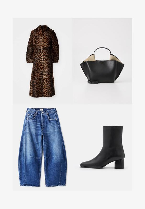 By Malene Birger RAFAIA - Winter coat - brown; Black long-sleeve top made of soft fabric, featuring a round neckline and a relaxed fit with side slits at the hem for ease of movement.; Wide-leg blue denim jeans with a faded finish, featuring five pockets, copper rivets, and a zip fly closure. The fabric is textured and sturdy.; Black leather ankle boot with a pointed toe and a chunky square heel. Smooth texture with a seamless design and minimalistic stitching.; Ree Projects ANN TOTE MINI - Handbag - black