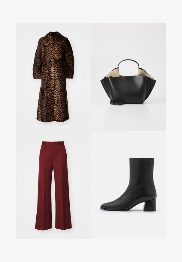 By Malene Birger RAFAIA - Talvemantel - brown; Must mustärg pikkade varrukatega topp, mis on valmistatud pehmest kangast. Topil on ümar kaelus ja lõdvem lõige, mille ääres on külgedel lõiked, et liikuda mugavalt.; Laiad jalad tumepunases burgoonia kangas, ees voldite ja lameda vöökohtaga, ilma nähtavate taskuteta, sileda tekstuuriga.; Must musta ankle boot terava nina ja turske ruudukujulise kontsaga. Sile tekstuur, sujuv disain ja minimaalne õmblus.; Ree Projects ANN TOTE MINI - Käekott - black