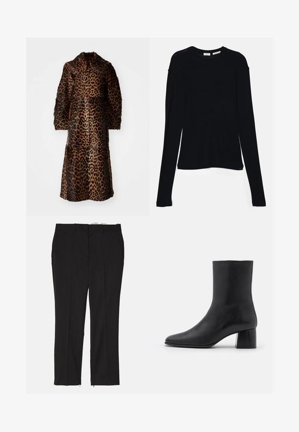 By Malene Birger RAFAIA - Winter coat - brown; Black long-sleeve top made of soft fabric, featuring a round neckline and a relaxed fit with side slits at the hem for ease of movement.; Black tailored trousers with a straight design, featuring two front pockets and zippers at the ankles for adjustable fit. Smooth texture.; Black leather ankle boot with a pointed toe and a chunky square heel. Smooth texture with a seamless design and minimalistic stitching.