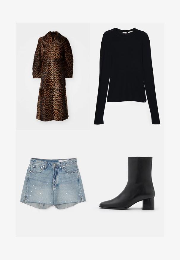 By Malene Birger RAFAIA - Zimski kaput - brown; Crna majica dugih rukava od mekog materijala, sa okruglim izrezom i ležernim krojem s bočnim prorezima na rubu za lakše kretanje.; rag & bone VINTAGE CUT OFF SHORT - Kratke hlače od trapera - solanajewe; Crne kožne gležnjače s šiljastim vrhom i širokim kvadratnim potpeticom. Glatka tekstura s bešavnim dizajnom i minimalističkim šavovima.