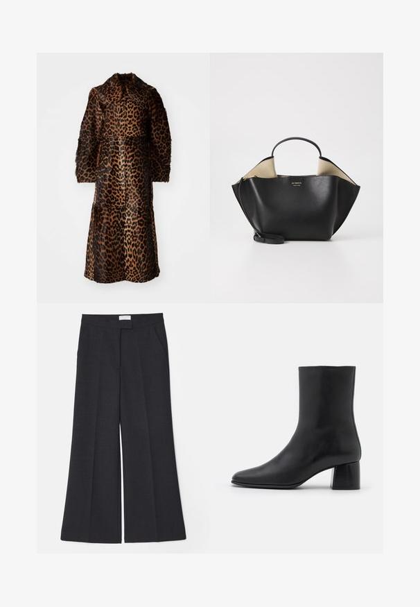 By Malene Birger RAFAIA - Winter coat - brown; Black long-sleeve top made of soft fabric, featuring a round neckline and a relaxed fit with side slits at the hem for ease of movement.; Charcoal wide-leg trousers with a smooth texture, front pleats, and side pockets. Fabric has a subtle weave pattern.; Black leather ankle boot with a pointed toe and a chunky square heel. Smooth texture with a seamless design and minimalistic stitching.; Ree Projects ANN TOTE MINI - Handbag - black